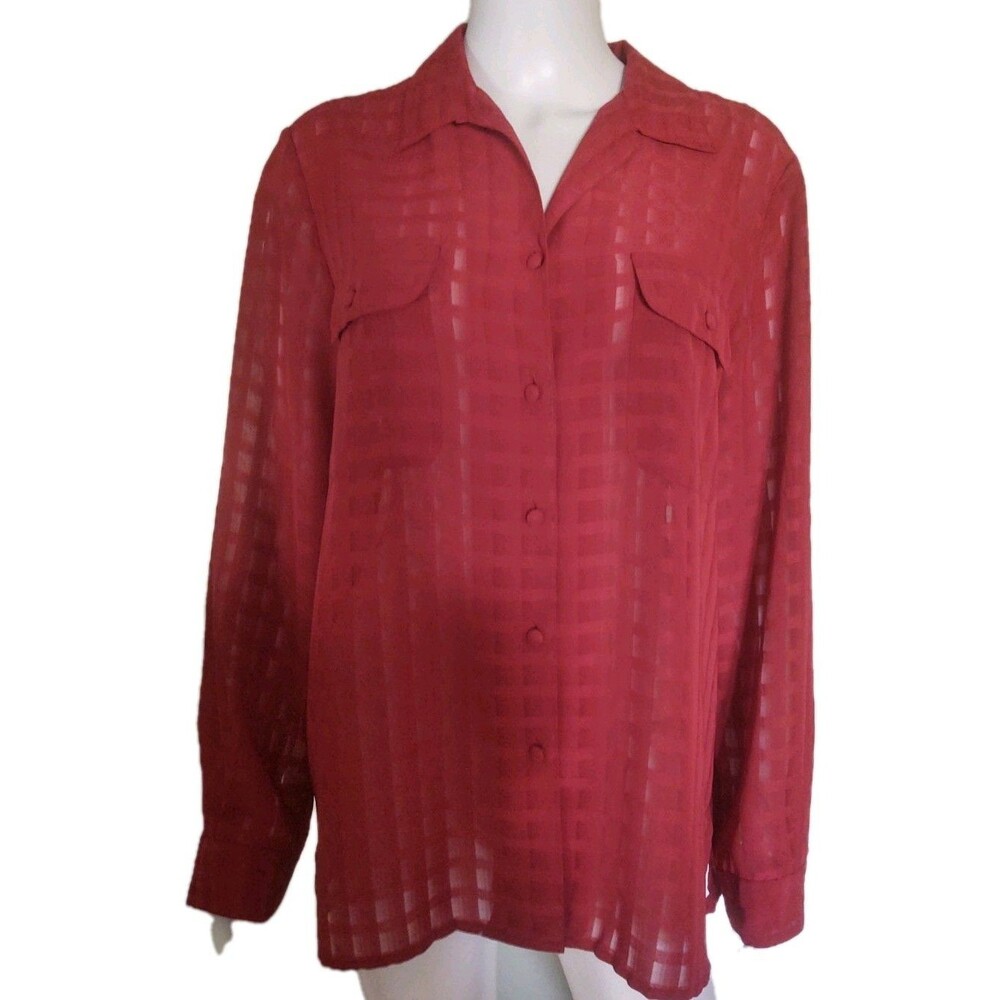 Liz Baker Cranberry Women's Button Down Sheer Blouse Size 12 Festive Holiday